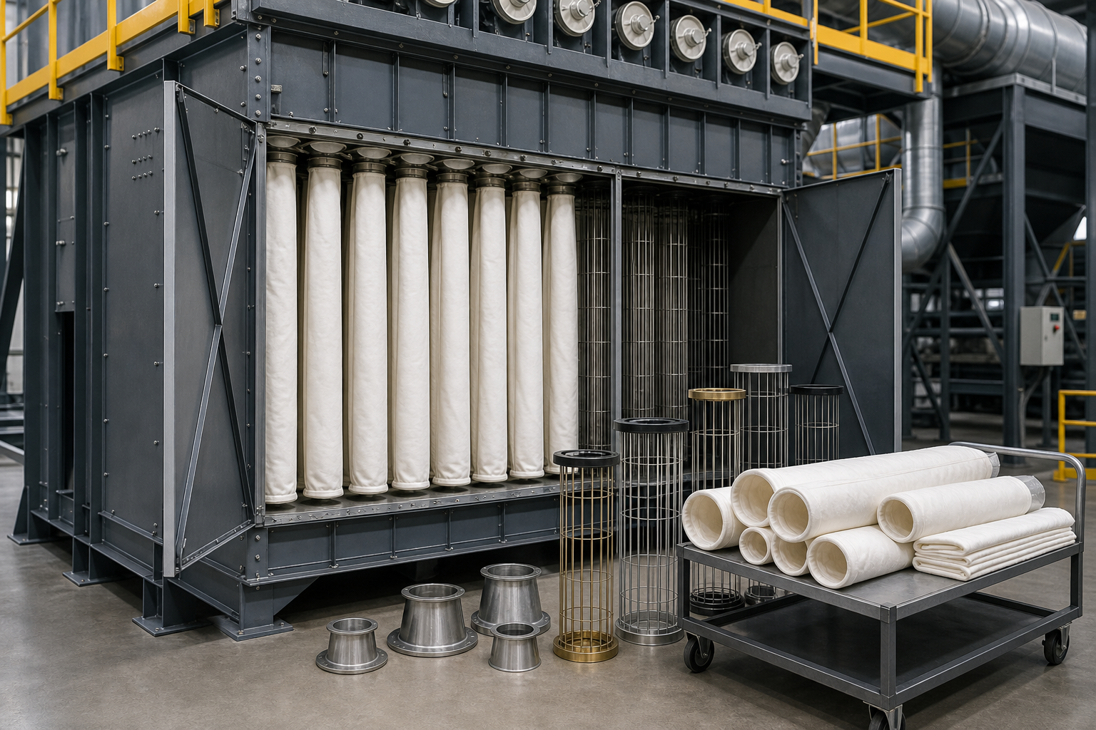 Industrial baghouse dust collector system with replacement filters and equipment