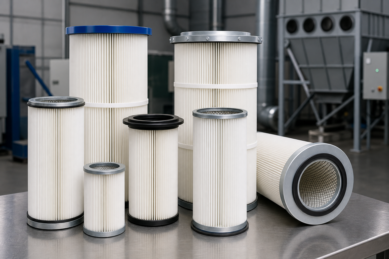 Dust collector cartridge filters with pleated media, metal end caps, and gasket details