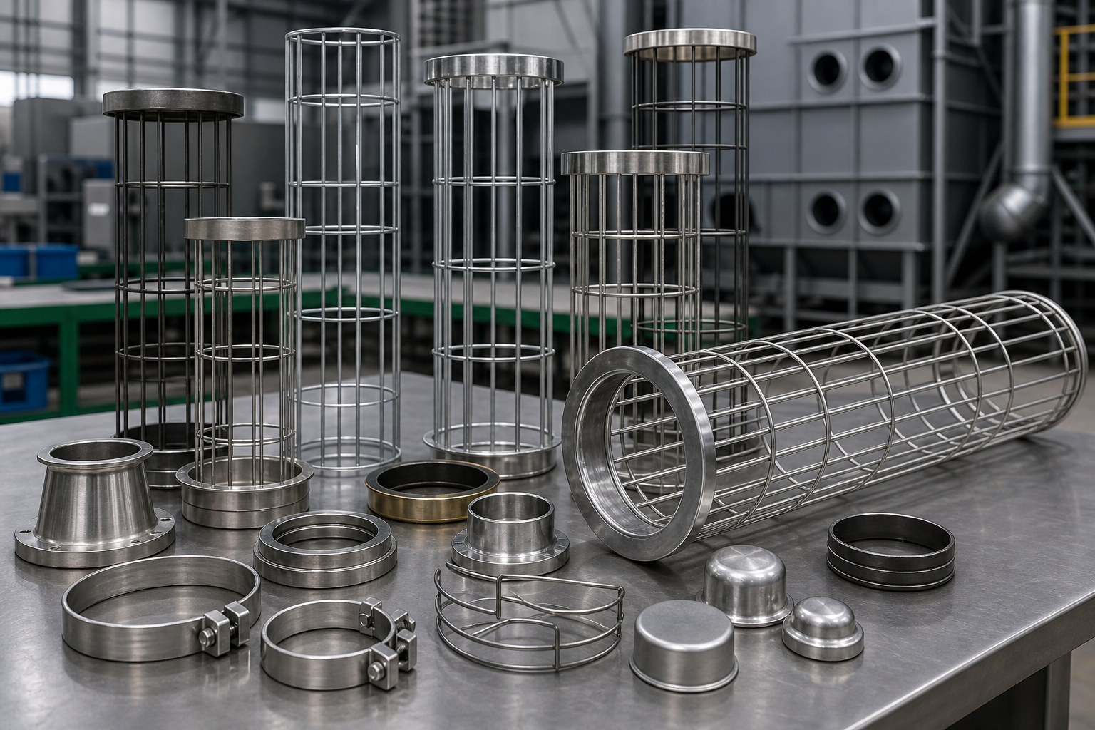 Dust collector filter cages and replacement filter components on an industrial workbench
