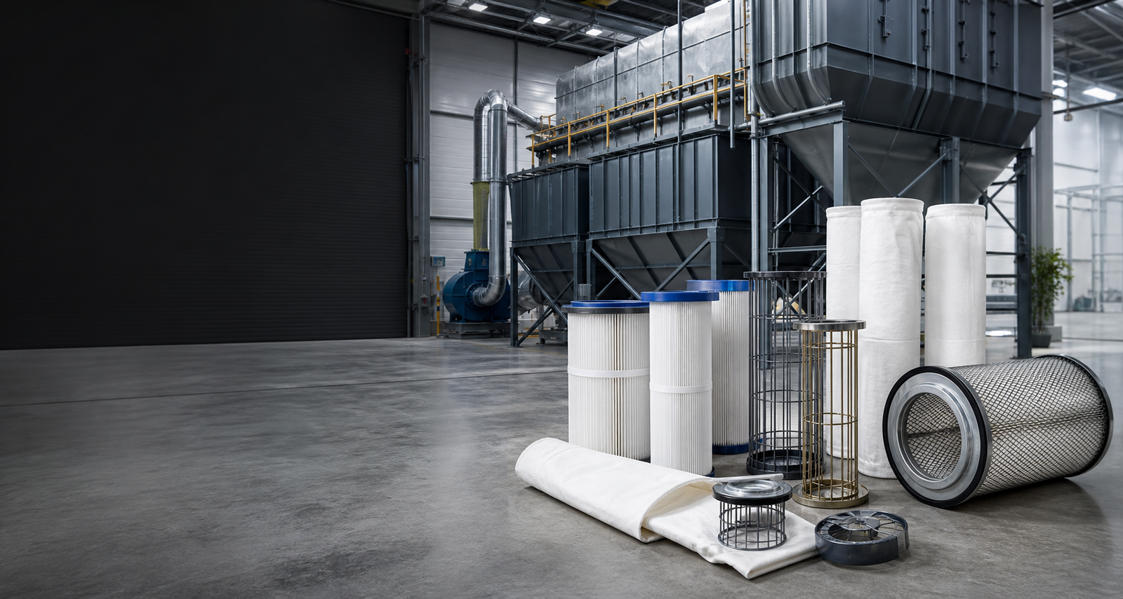 Industrial dust collector system with filter bags, cartridge filters, and filter cages