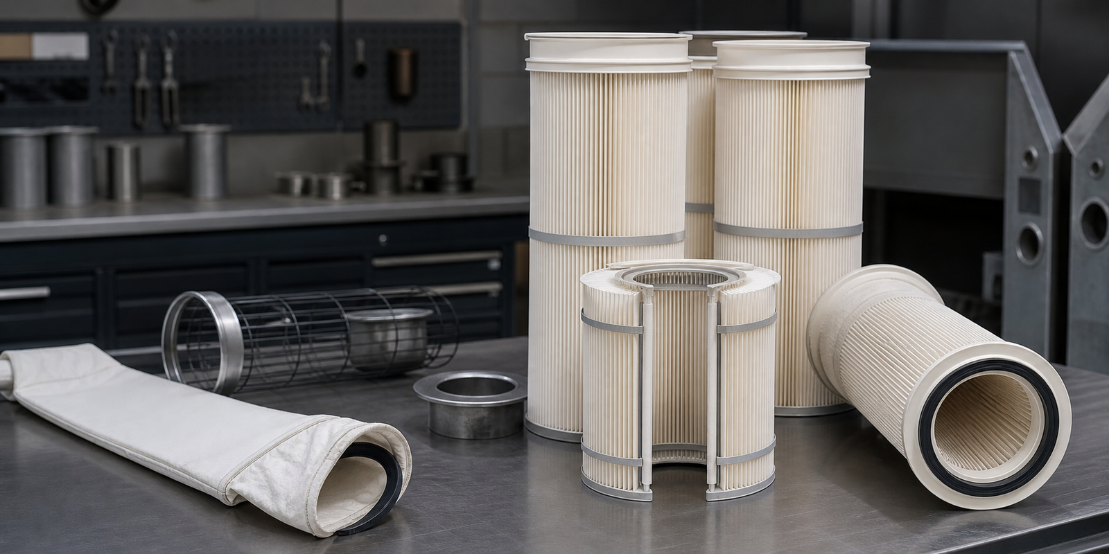 Pleated filter bags with gasketed tops, pleated media and retrofit parts on an industrial inspection bench