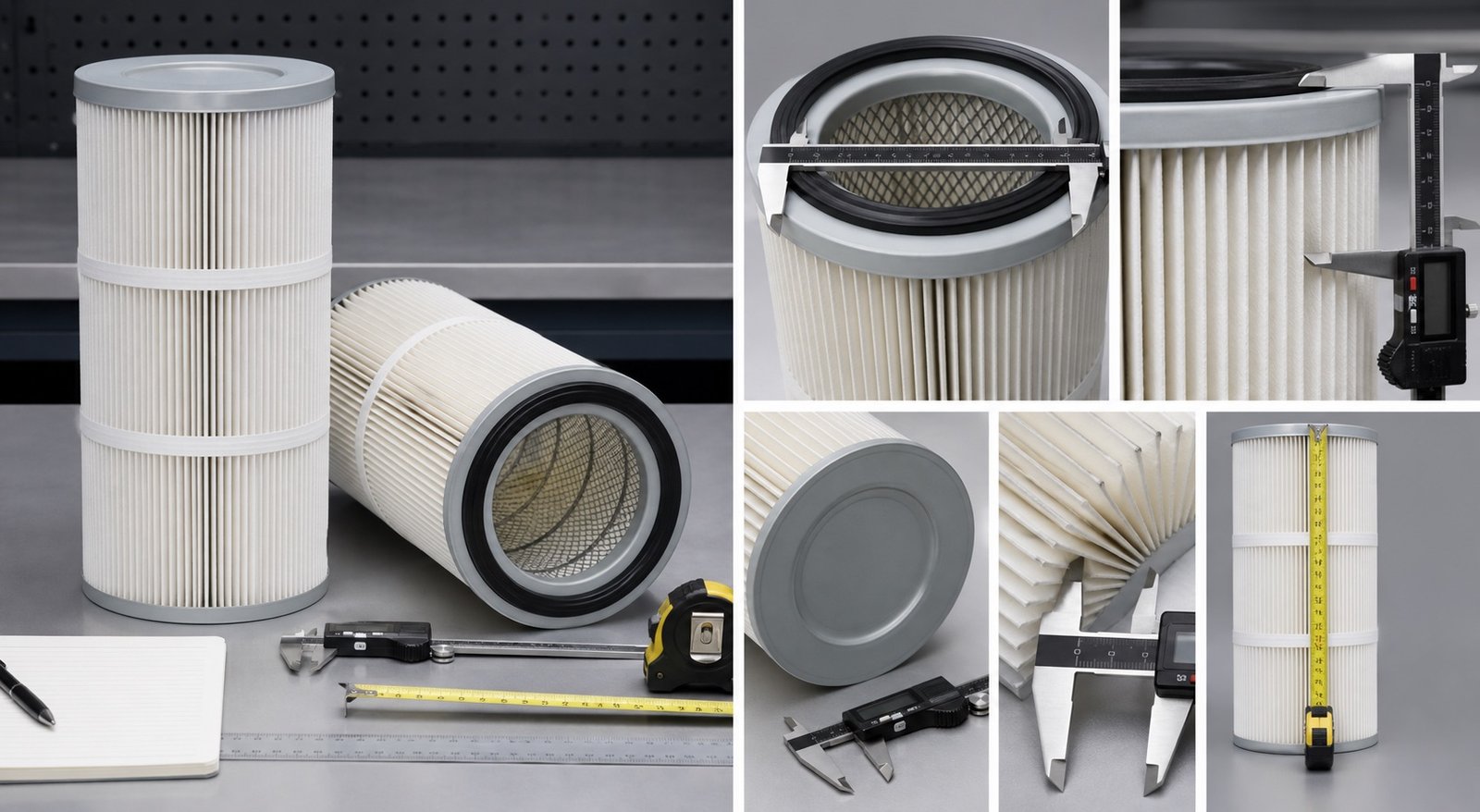 Pleated filter bag measurement reference showing gasket diameter, pleat depth, bottom cap and overall length checks