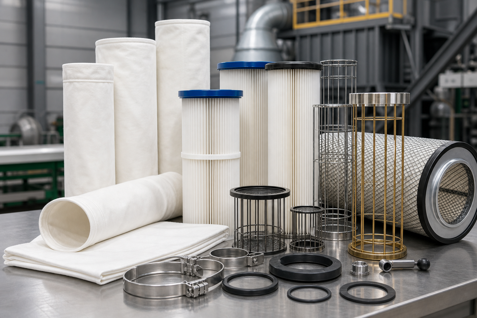 Dust collector filter bags, cartridge filters, cages, gaskets, and industrial filter accessories on a workbench