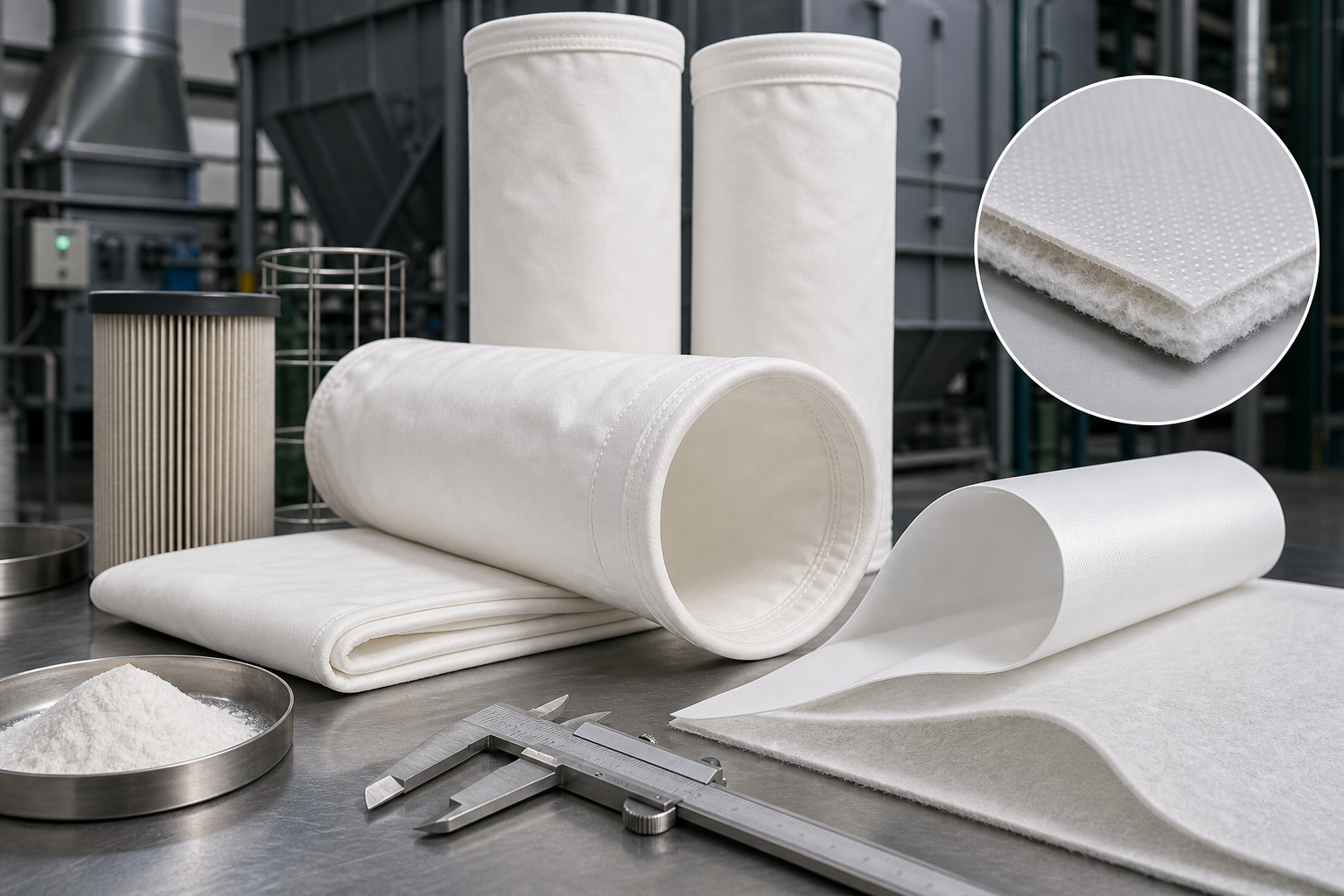 Industrial filter bags and media samples for PTFE membrane filtration review