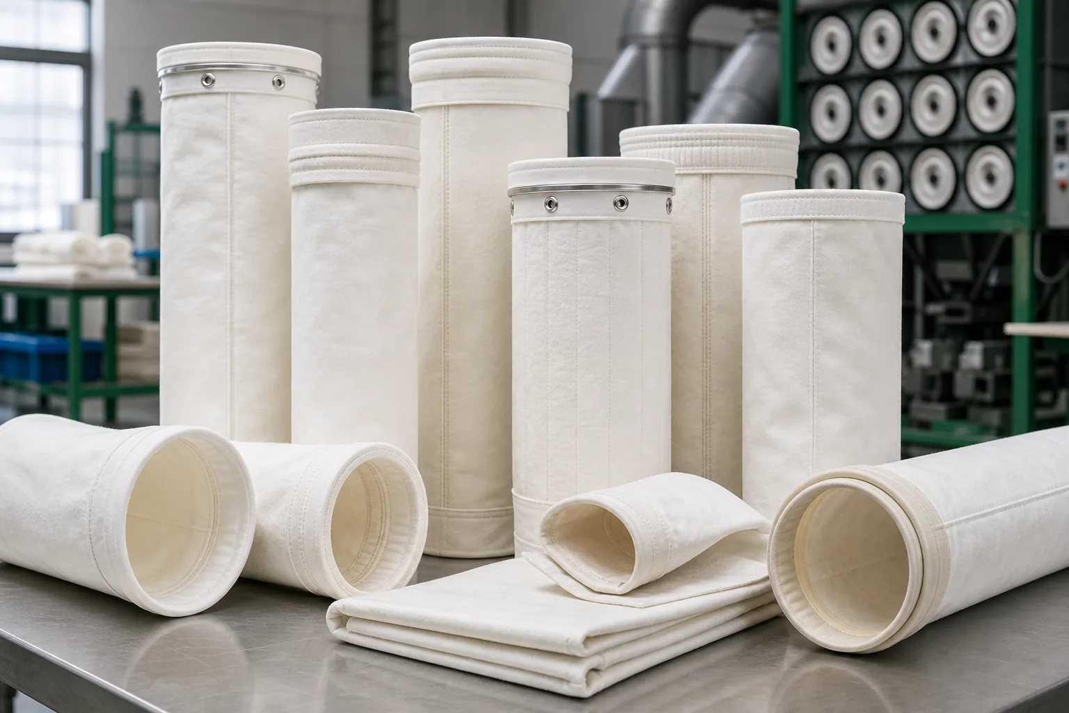 Pulse jet filter bags and baghouse replacement filter components for industrial dust collector systems