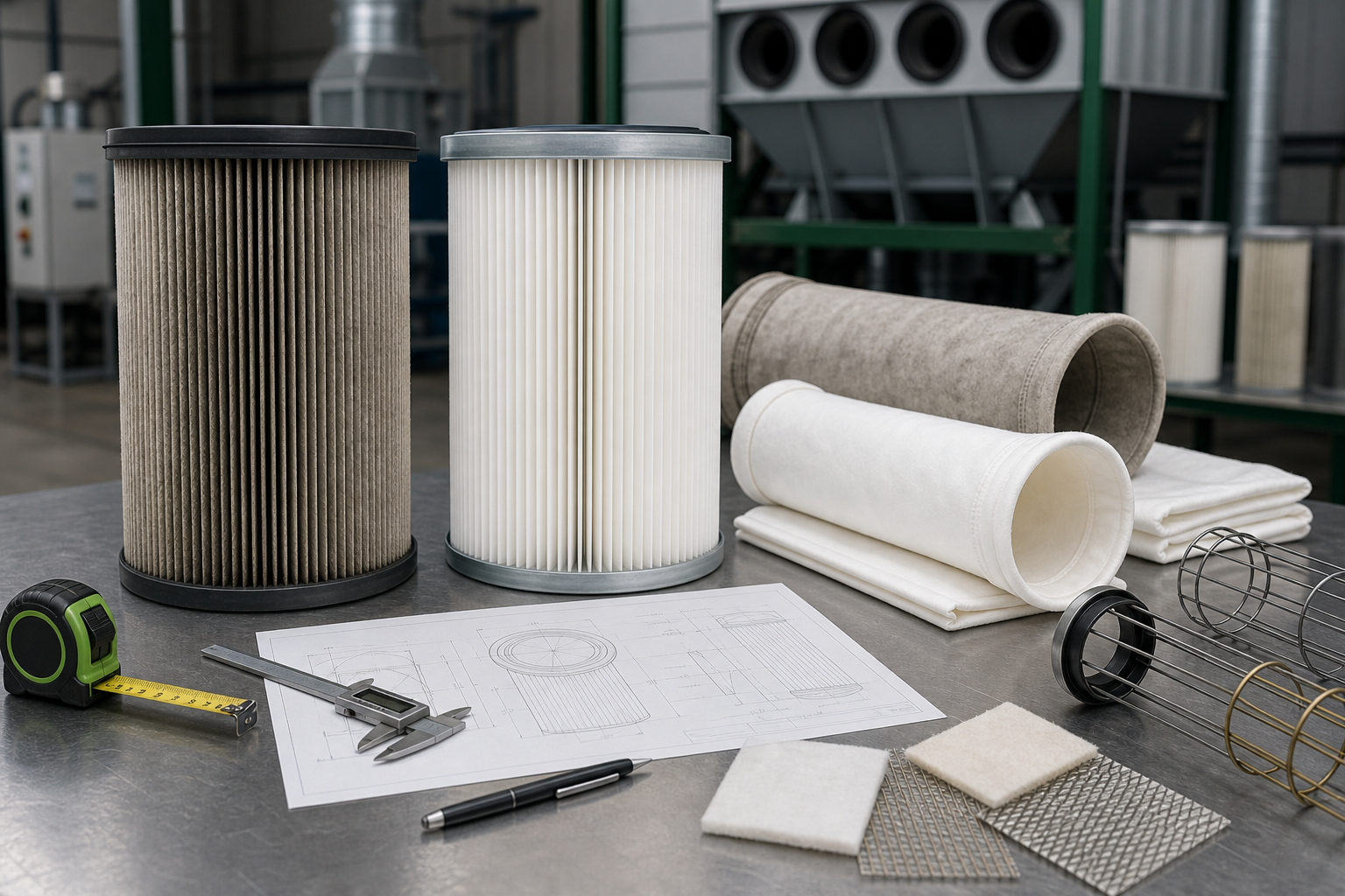 Industrial replacement filters, drawings, calipers, and media samples arranged for specification review