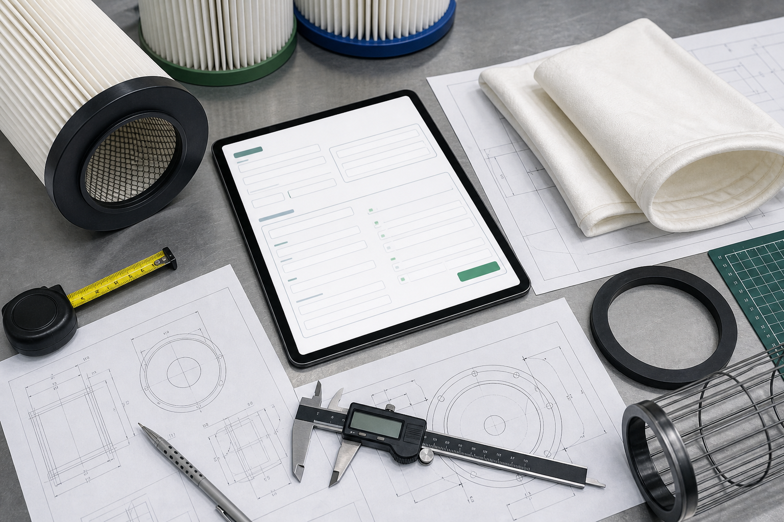 Industrial RFQ desk with filter samples, drawings, and measurement tools