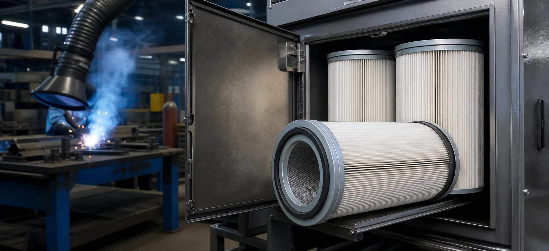 Welding fume cartridge filters installed in an industrial dust collector near a welding capture arm