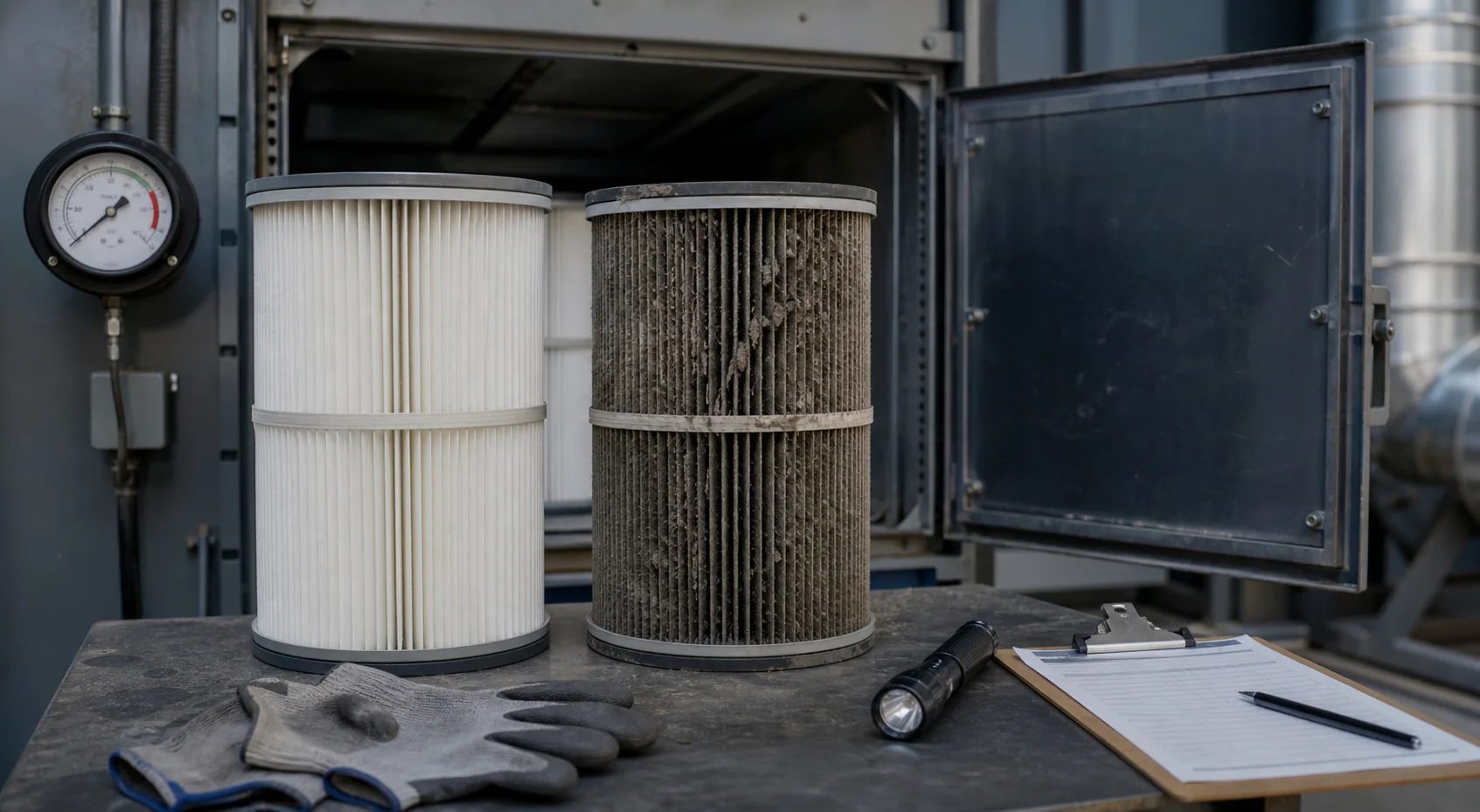 Clean and dirty dust collector filters for replacement timing review