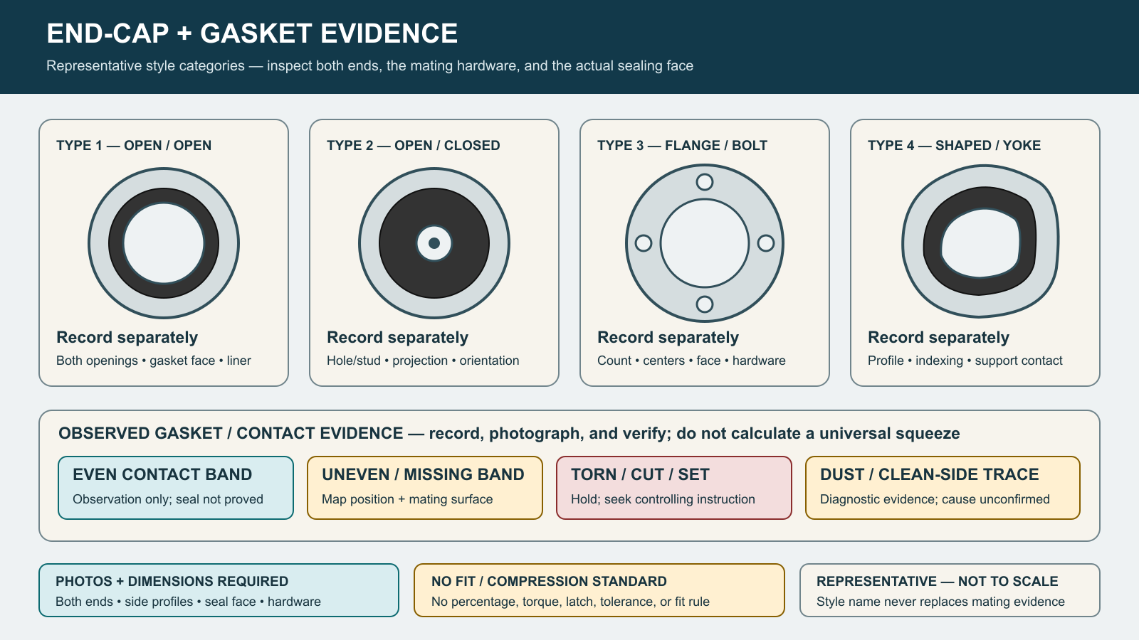 Representative end-cap, mounting, gasket-location, and observed compression-evidence categories for cartridge replacement review.