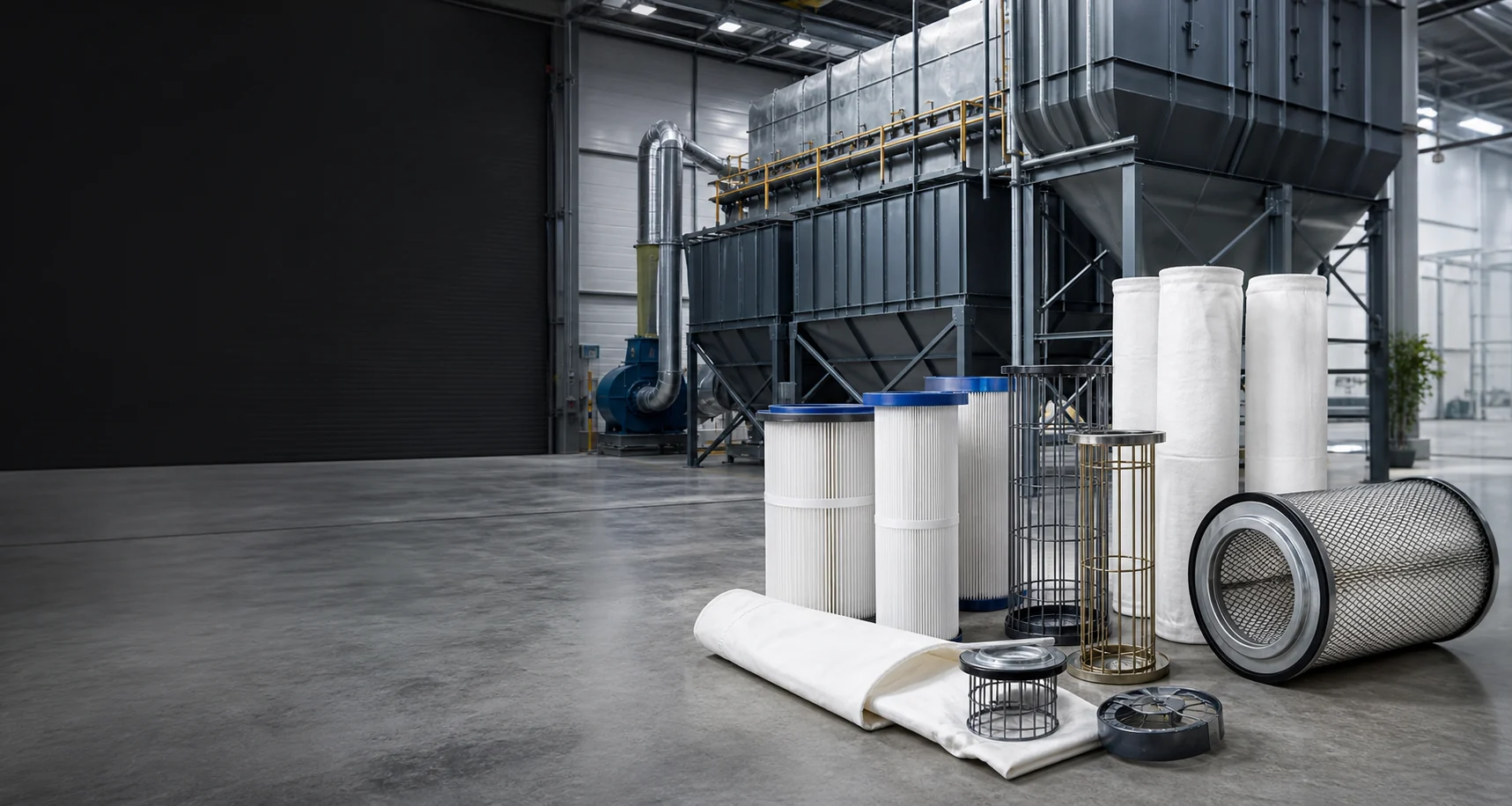 Installation industrielle avec manches filtrantes cages et éléments de filtration