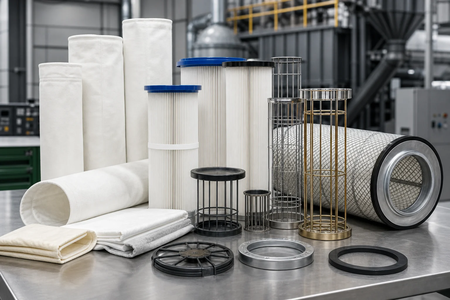 Ensemble de produits filtrants industriels manches cages cartouches et accessoires