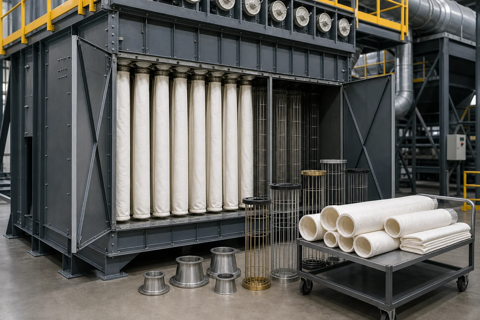 Schlauchfilter Komponenten und Filterelemente in einer Industrieumgebung