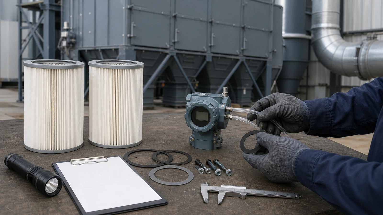 Two clean generic pleated dust collector cartridges stand beside a blank-display differential-pressure transmitter with clear impulse tubing while gloved hands hold the tubing and a loose gasket, with additional gaskets, mounting bolts, a flashlight, blank clipboard, and caliper on the workbench in front of a closed collector and duct.