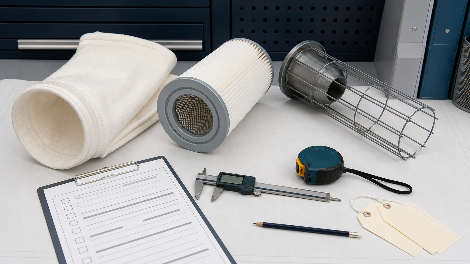 Filter bag, cartridge, cage, caliper, tape measure, blank tags, and a non-readable checklist arranged on an industrial specification desk.