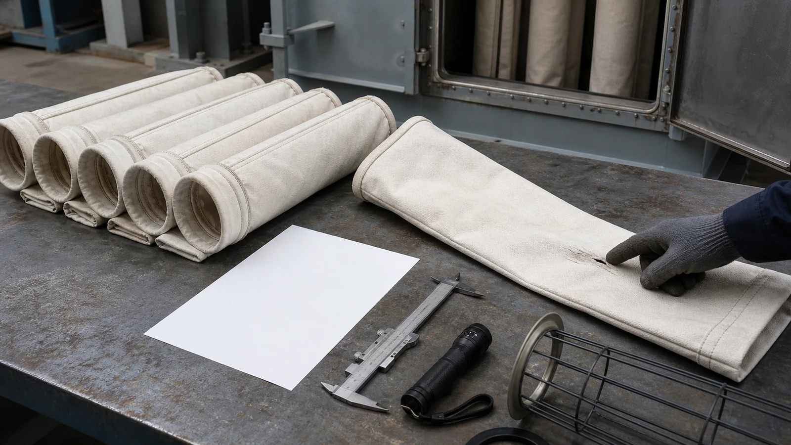 Five grouped fabric filter bags and one separate visibly worn and torn fabric bag sit on an industrial workbench beside a gloved hand, blank sheet, caliper, flashlight, and filter-cage segment.