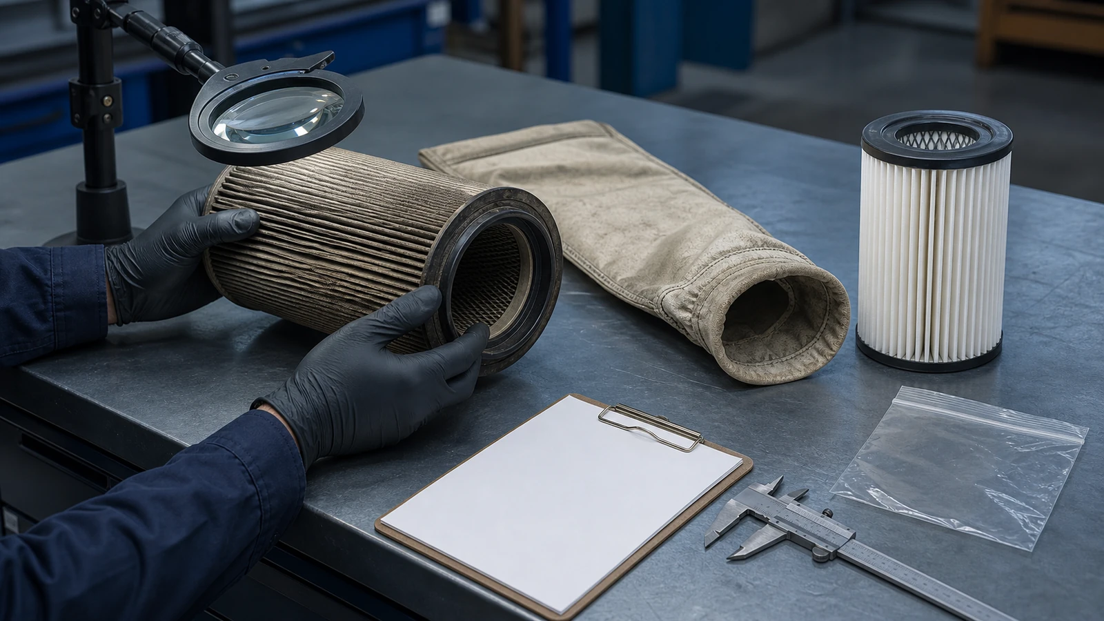 Gloved hands inspect a used pleated dust collector cartridge under a magnifier beside a used fabric filter bag, a clean generic replacement cartridge, a blank clipboard, a caliper, and an empty clear sample bag.