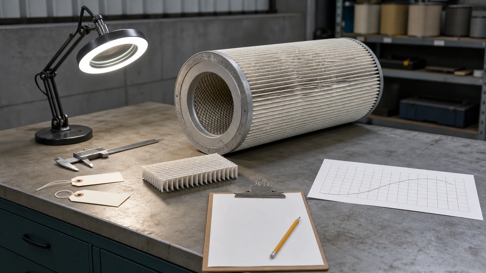 Generic pleated dust collector filter and media sample on a maintenance bench with an inspection light, caliper, blank log, tags, and an unlabeled trend sheet.