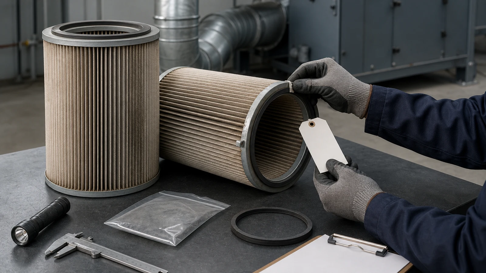 Two used generic pleated dust collector cartridges rest on an inspection bench while gloved hands hold a blank tag at one cartridge seal, beside a caliper, flashlight, empty clear sample bag, spare gasket, and blank clipboard, with closed duct and collector equipment in the background.
