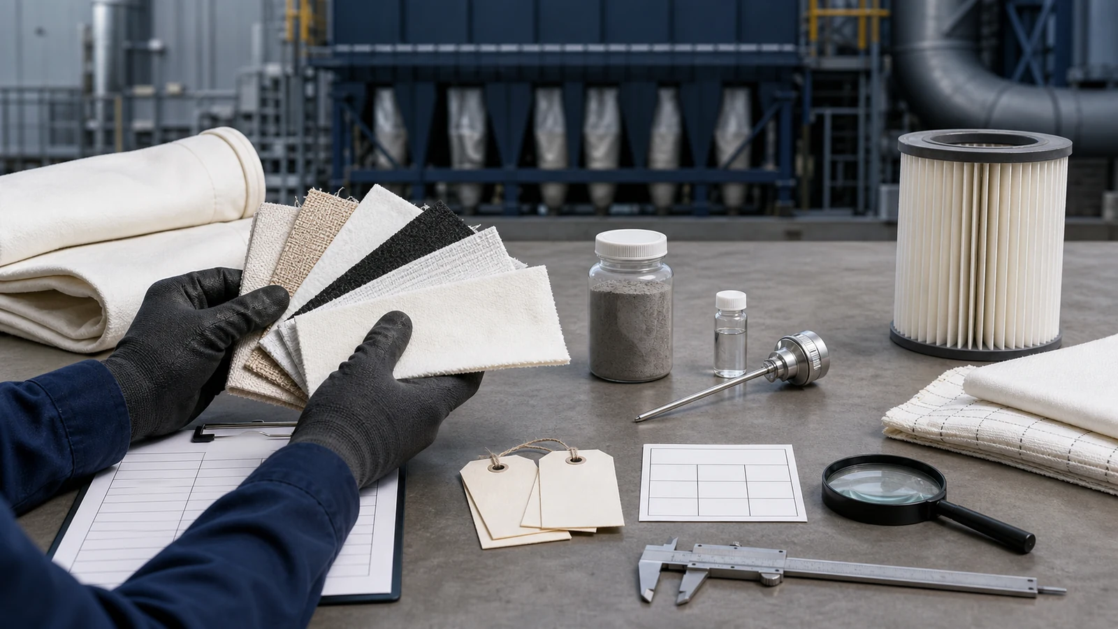 Gloved hands compare generic unbranded filter-media swatches on an industrial review bench beside a sealed dust sample, sealed clear reference vial, blank condition records, blank sample tags, unmarked probe, magnifier, unmarked caliper, a generic filter-bag sample, and a generic pleated cartridge sample in front of closed baghouse equipment.