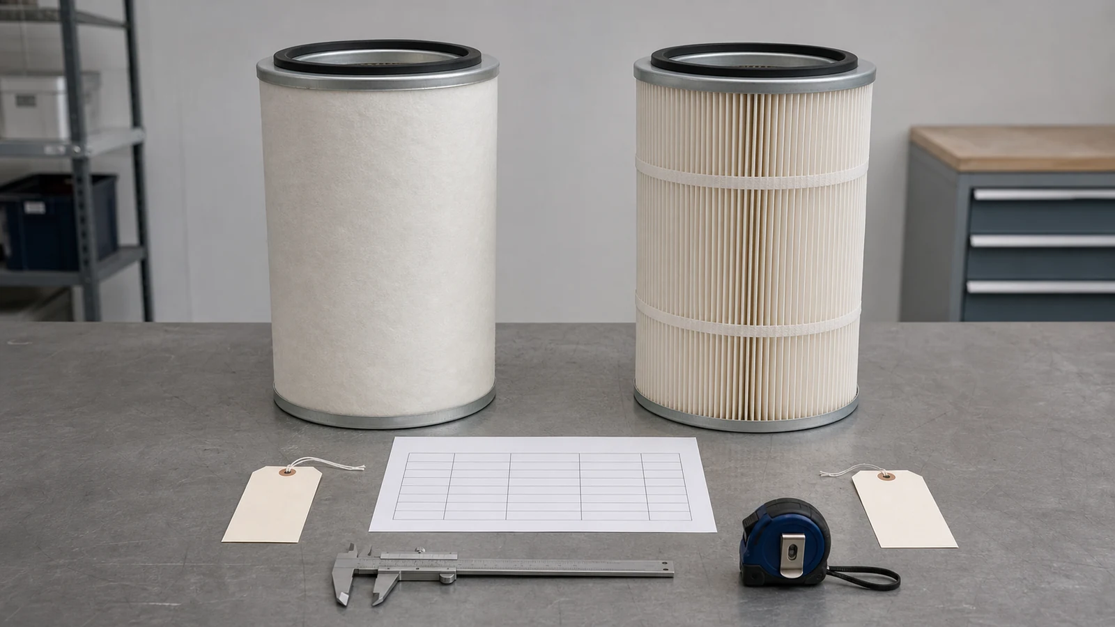 Two generic cylindrical dust collector filters on a neutral inspection bench with blank hang tags, an unmarked worksheet, and idle caliper and tape measure.