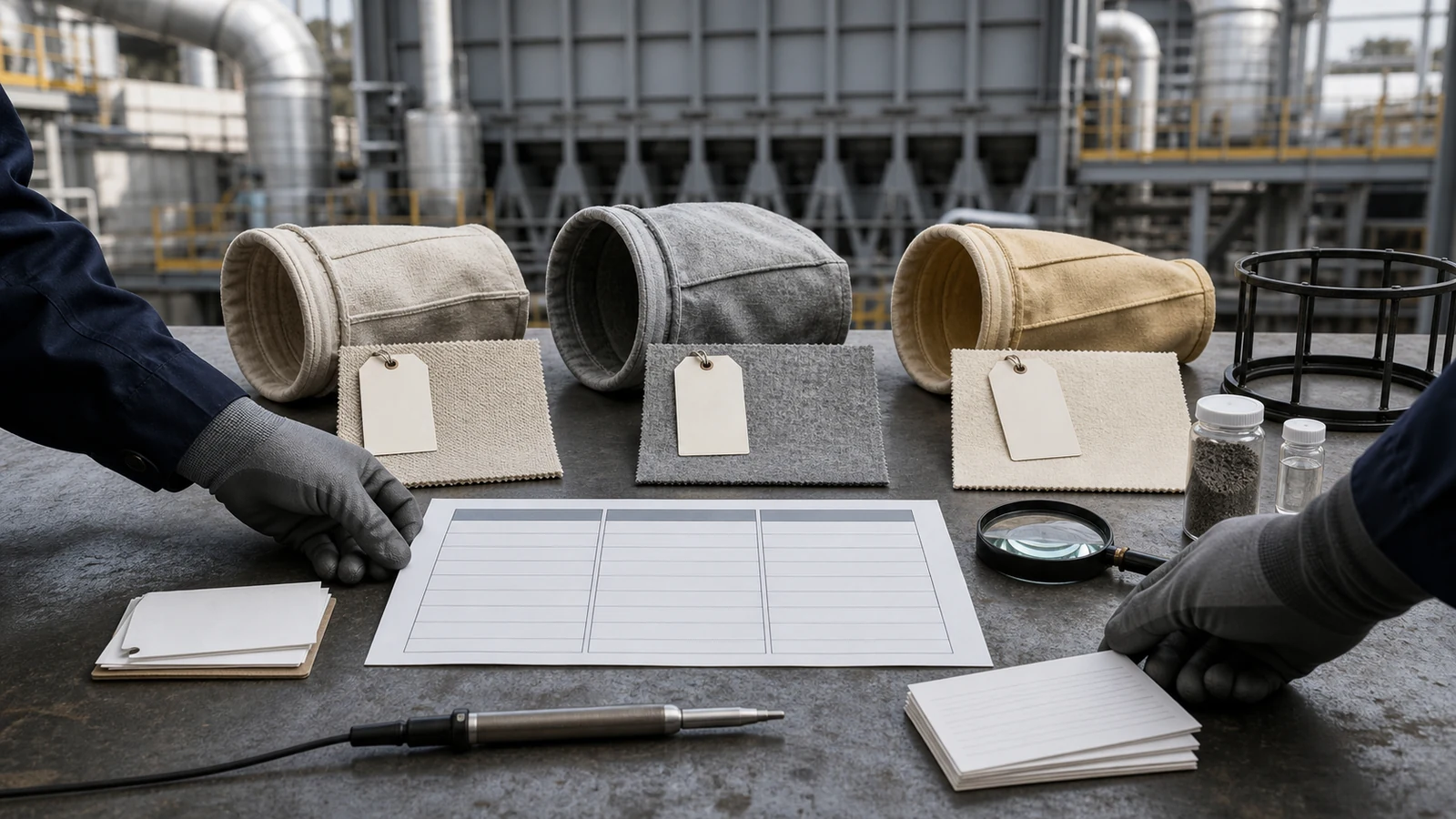 Gloved hands review three generic unbranded filter-bag sleeve samples and three matching neutral-toned media swatches at equal prominence beside blank sample tags, a blank three-column condition worksheet, blank process-history cards, an unmarked temperature probe, sealed unlabeled dust sample, sealed clear reference vial, magnifier, and generic cage-top ring in front of closed baghouse equipment.