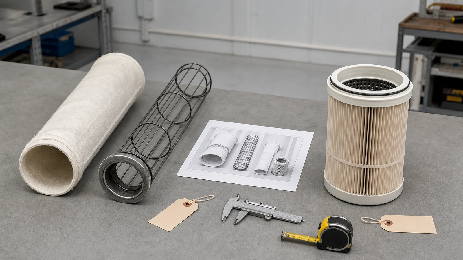 Generic felt filter bag and separate wire cage beside a shorter pleated element with an internal support core on an inspection bench with idle tools and blank evidence tags.