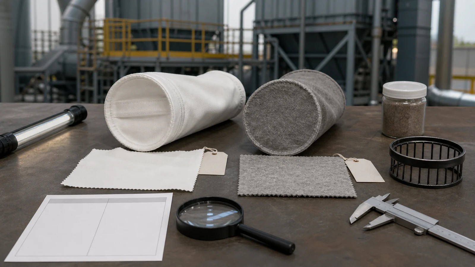 Two generic unbranded filter-bag sleeve samples and matching swatches with visibly different smooth and fibrous surface textures rest at equal prominence on an industrial review bench beside blank comparison records, blank sample tags, a sealed unlabeled dust sample, an unmarked inspection light, magnifier, unmarked caliper, and a generic cage-top ring in front of closed baghouse equipment.