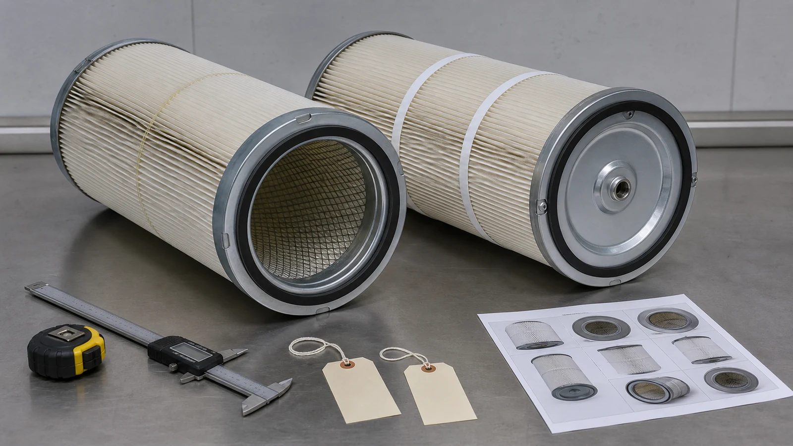 Two generic pleated cylindrical cartridges of similar size but different end-cap, gasket, and mounting construction on an inspection bench with idle caliper, tape, blank tags, and a photo sheet.