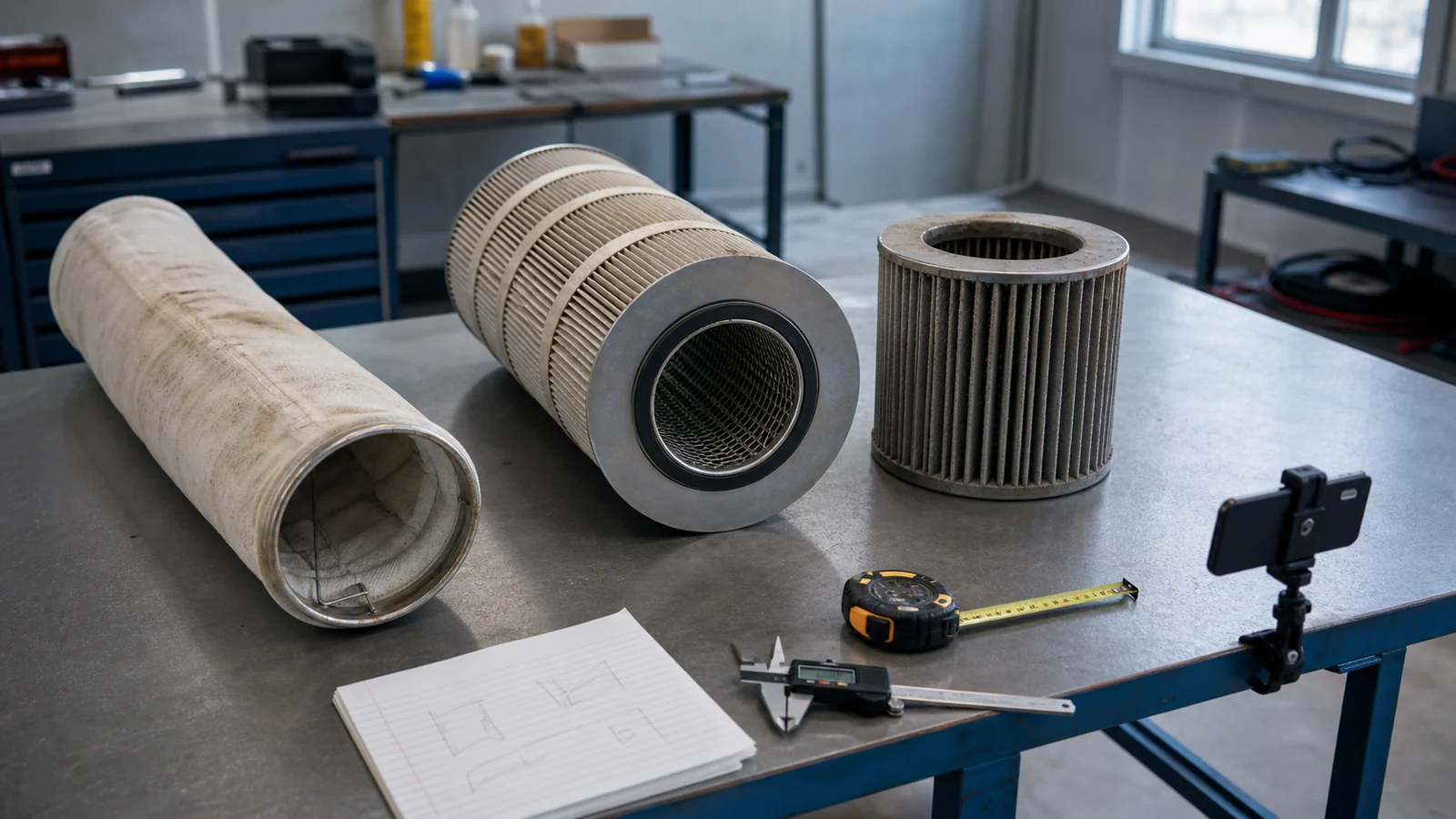 Unlabeled filter bag, cartridge, and pleated element on a workbench with measuring and photo-documentation tools.