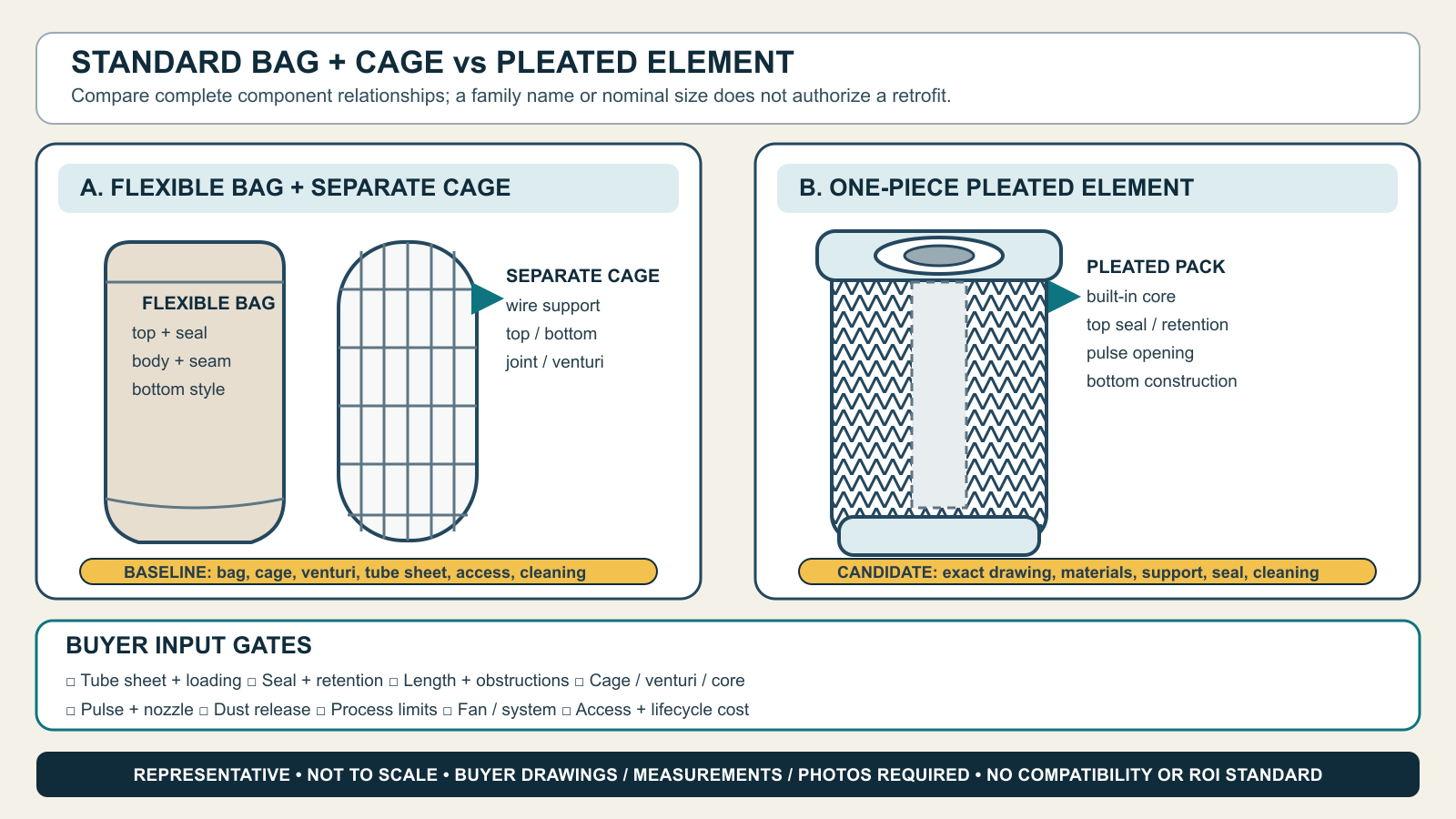 Normalized comparison of a standard flexible filter bag with separate cage and a one-piece pleated element with internal core, labeling buyer evidence for tube sheet, seal, support, cleaning, length, and clearance.