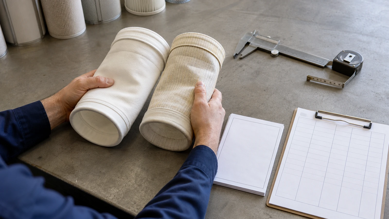 A worker's hands compare two unbranded fabric filter bag samples beside blank review sheets, a caliper, and a tape measure on an industrial workbench.