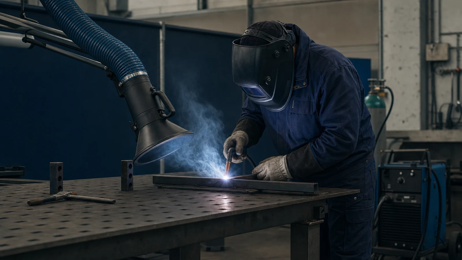 Welder in a down-position helmet, gloves, and protective clothing at a fabrication bench with a movable extraction hood near the weld source.