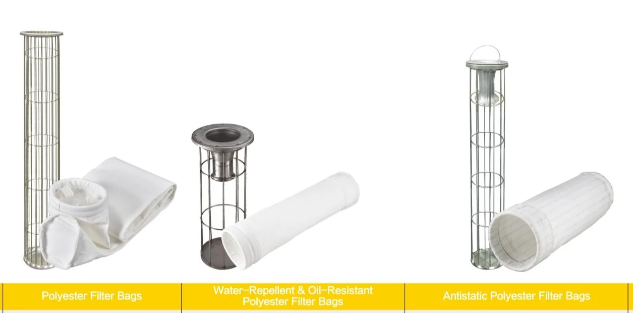 Standard oil-water-resistant and antistatic polyester filter bag variants shown in the Guanlin catalogue