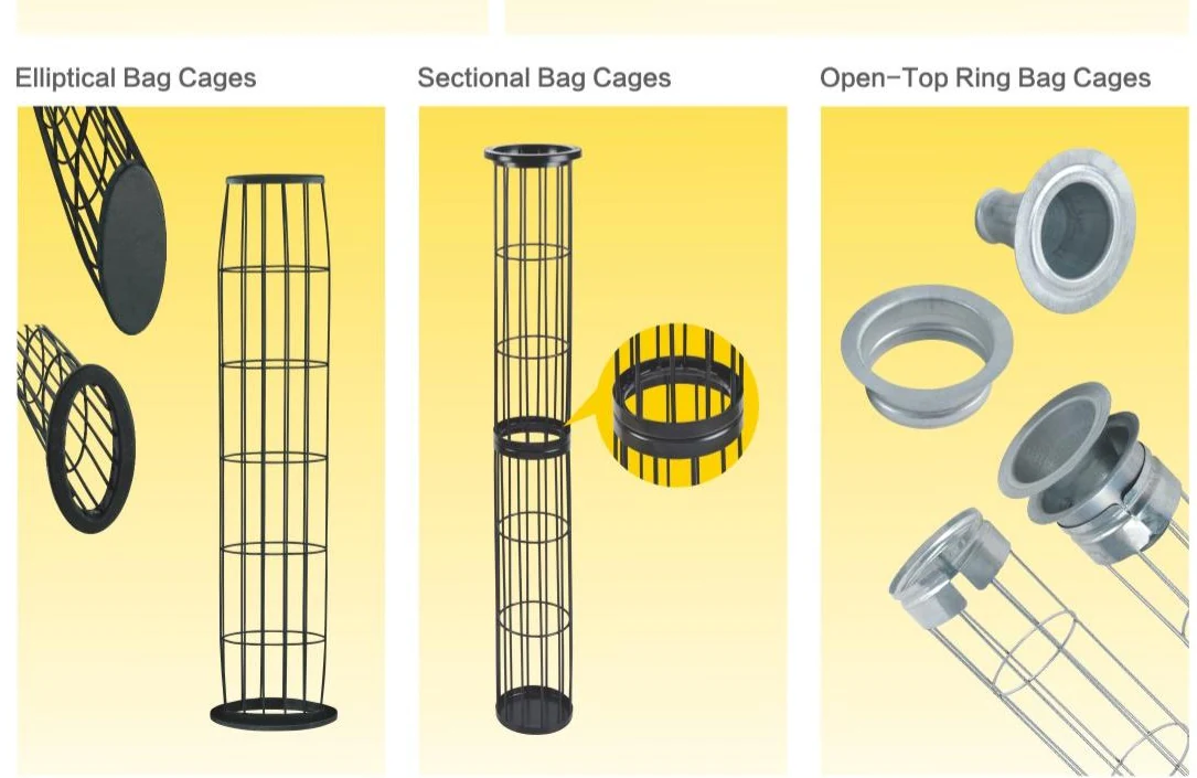 Elliptical sectional and open-top-ring filter bag cage variants from the Guanlin catalogue