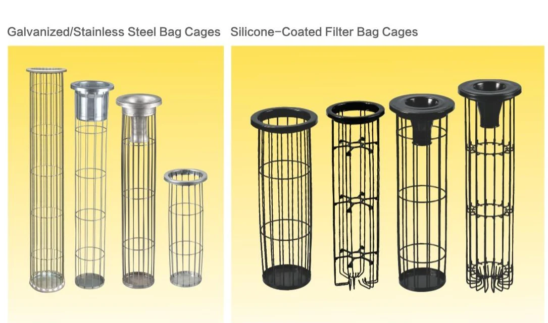 Galvanized stainless and silicone-coated filter bag cage variants from the Guanlin catalogue